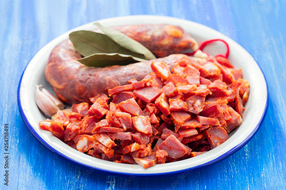 portuguese smoked sausages in dish portuguese smoked sausages in dish