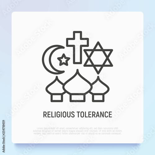 Religious tolerance thin line icon, interfaith respect. Modern vector illustration of peace and understanding between islam, christianity and judaism.