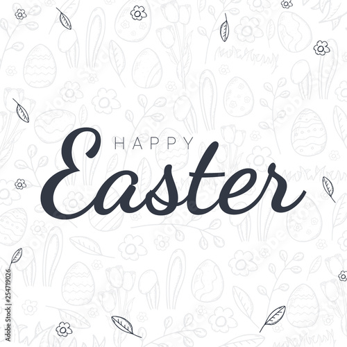 Happy Easter typography poster on the hand-draw doodle backgrounds. Modern calligraphy. Vector illustration.