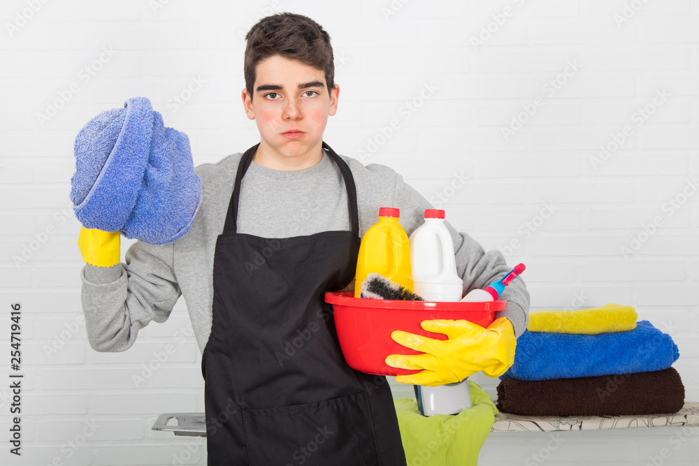 man with household and household cleaning products man with household and household cleaning products