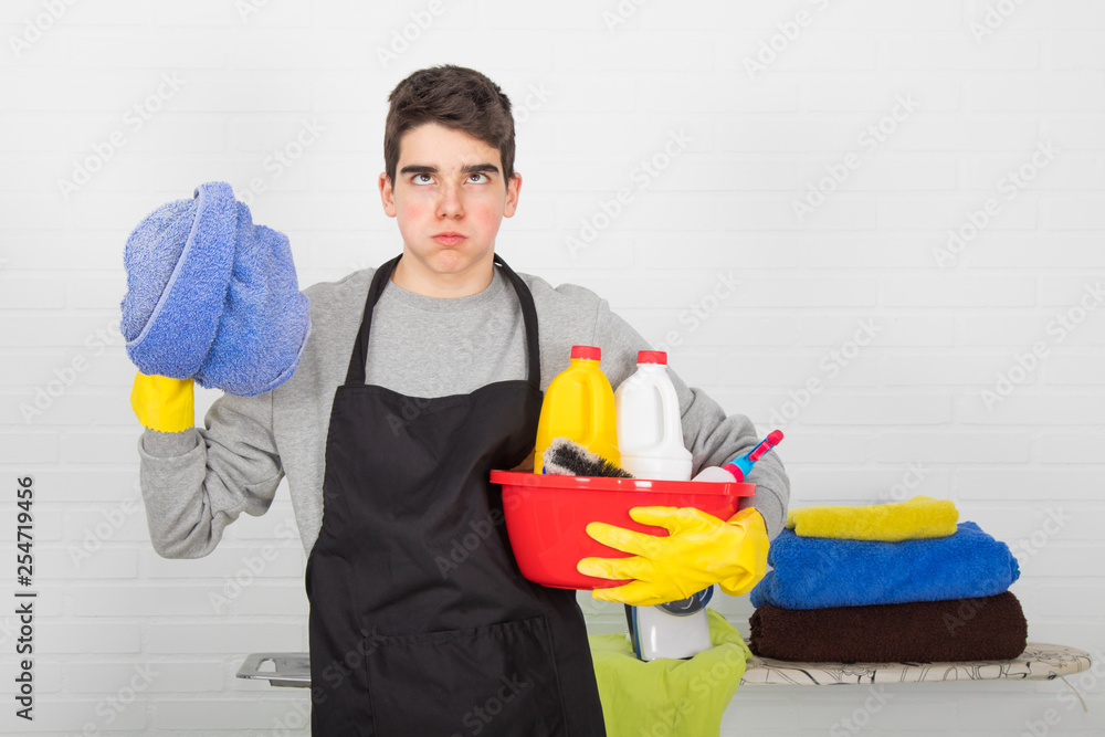 man with household and household cleaning products man with household and household cleaning products