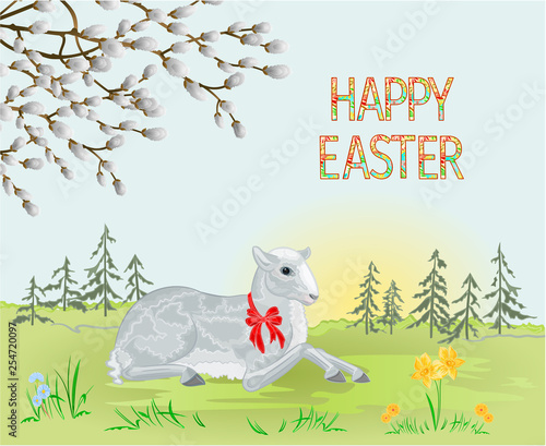 Spring landscape forest and Easter lamb on the meadow and pussy willow  with daffodil vintage vector illustration editable hand draw