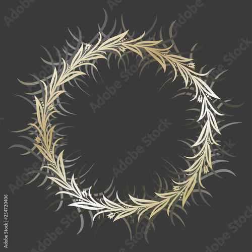 Vector round golden flower frame on dark background. Framing for greeting cards, motivational lettering and invitations.