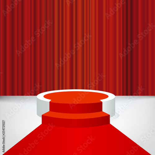 Concept de la réussite avec un podium et un tapis rouge, pour présenter un événement médiatisé et distribuer des trophées à des célébrités.