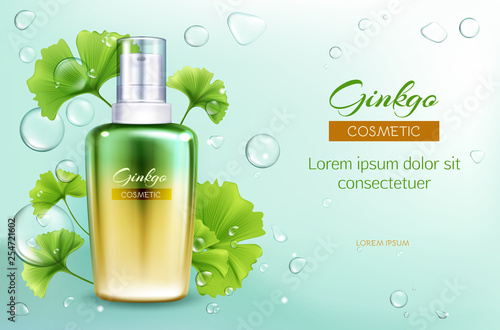 Micellar water for makeup cleansing 3d realistic vector ad poster template with glass or plastic bottle, ginkgo biloba leaves and bubbles illustration. Beauty, skincare cosmetics new product mockup