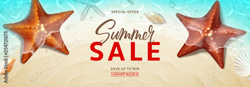 Advertisement banner for summer sale. Horizontal banner with realistic seashells and starfishes on beach in sea water. Vector illustration with spesial discount offer.