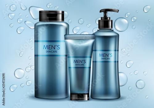 Mens skincare cosmetics line 3d realistic vector advertising mockup. Shampoo or shower gel, liquid soap, shaving lotion or cream plastic blue tube and bottle with black lid and dispenser illustration
