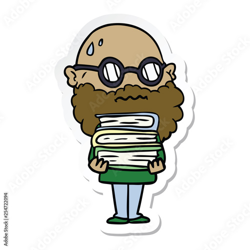 sticker of a cartoon worried man with beard and stack of books