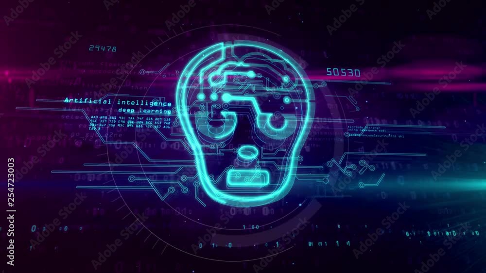 Artificial intelligence with cyber face hologram, symbol on digital background. Cybernetic brain abstract animation. Artificial intelligence with cyber face hologram, symbol on digital background. Cybernetic brain abstract animation.