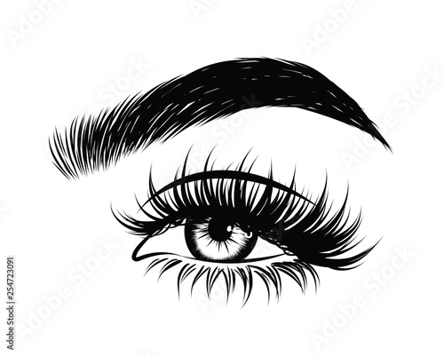 Abstract fashion illustration of the eye with creative makeup. Hand drawn vector idea for business visit cards, templates, web, salon banners,brochures. Natural eyebrows and glam eyelashes