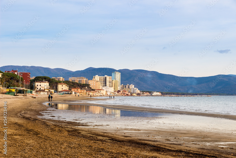 Follonica (GR), Tuscany, Italy. The town seen from the shore