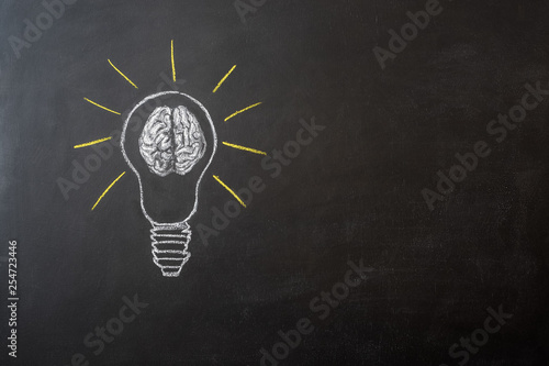Obraz na płótnie bulb with human brain on chalkboard with copy space w salonie