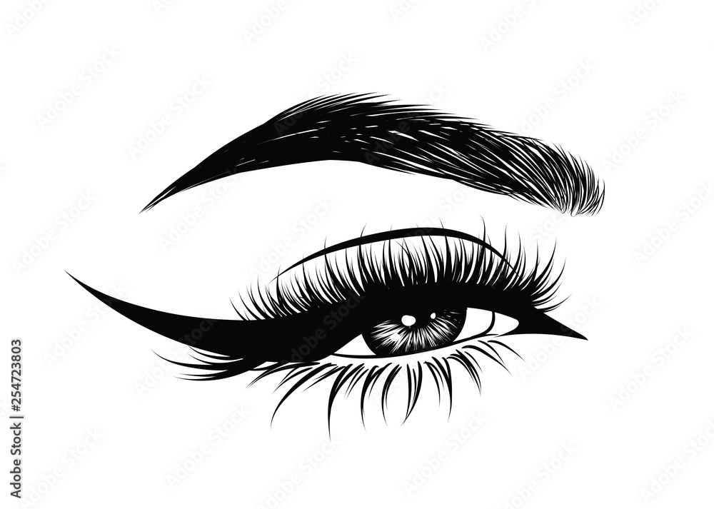 Abstract fashion illustration of the eye with creative makeup. Hand drawn vector idea for business visit cards, templates, web, salon banners,brochures. Natural eyebrows and glam eyelashes Abstract fashion illustration of the eye with creative makeup. Hand drawn vector idea for business visit cards, templates, web, salon banners,brochures. Natural eyebrows and glam eyelashes