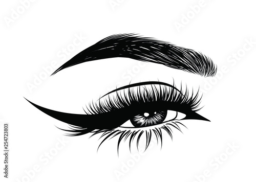 Abstract fashion illustration of the eye with creative makeup. Hand drawn vector idea for business visit cards, templates, web, salon banners,brochures. Natural eyebrows and glam eyelashes