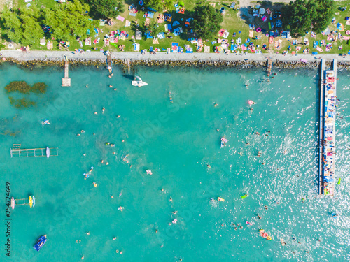 aerial view of lake with swimming people. summer time
