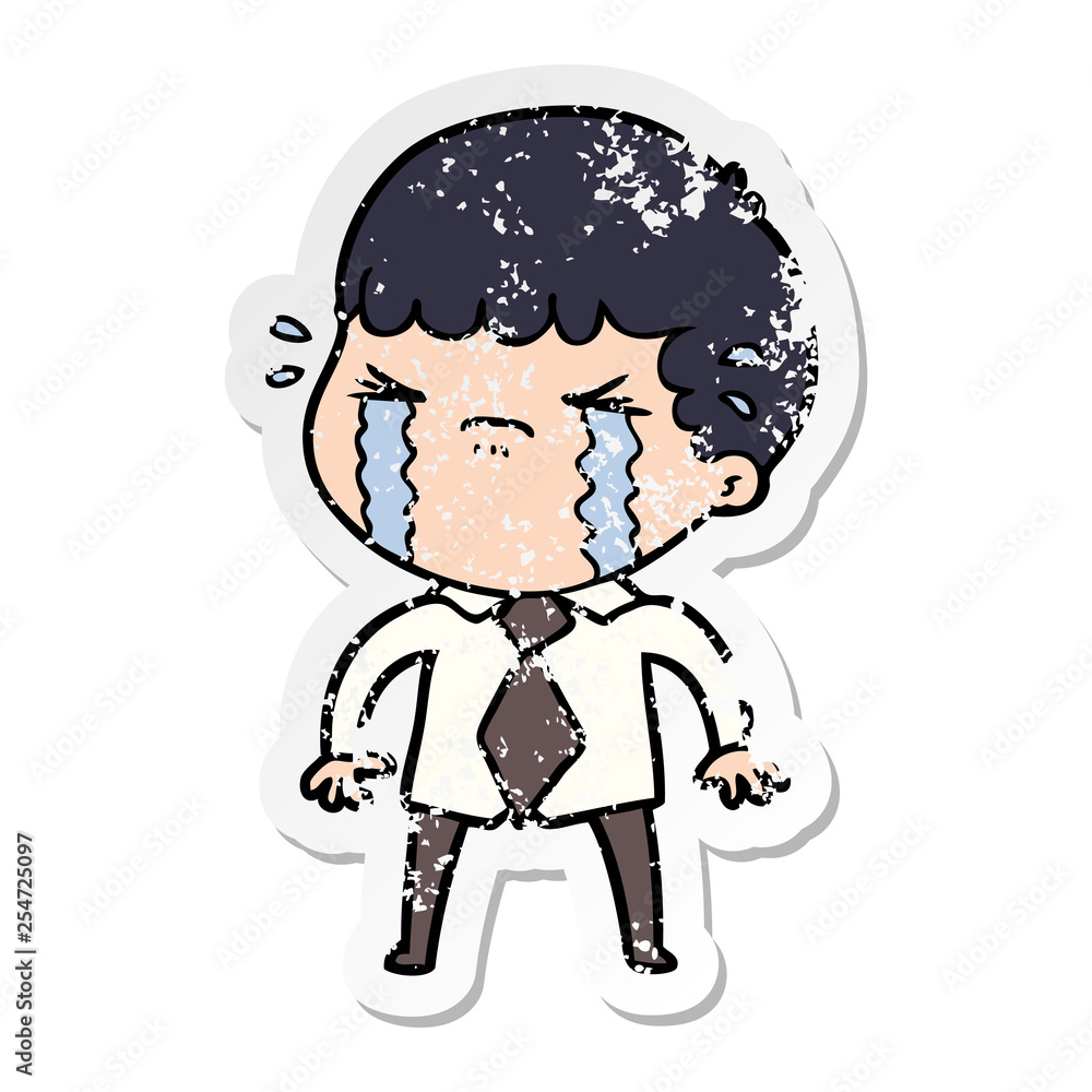 distressed sticker of a cartoon man crying distressed sticker of a cartoon man crying