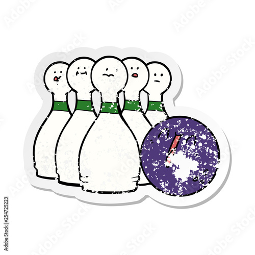 distressed sticker of a cartoon laughing bowling ball and pins