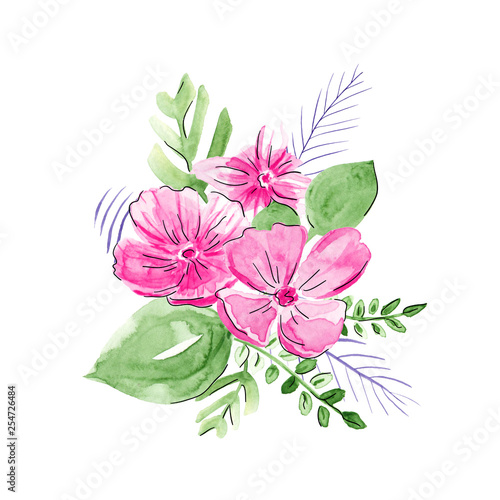 Hand-drawn bouquet of pink flowers. Watercolor composition on white background. Sketch style