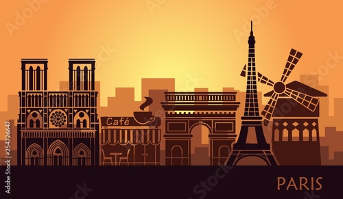 Stylized landscape of Paris with Eiffel tower, arc de Triomphe and Notre Dame Cathedral and other attractions