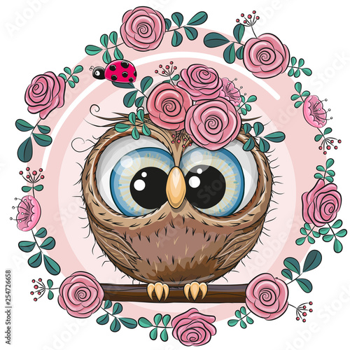 Naklejka Kartka z pozdrowieniami Śliczna sowa z kwiatami