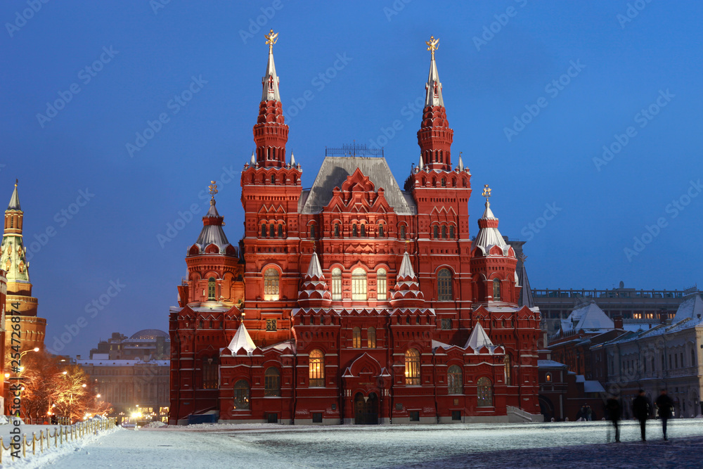 Evening view of the building of the Historical Museum on Red Square in Moscow, Russia Evening view of the building of the Historical Museum on Red Square in Moscow, Russia