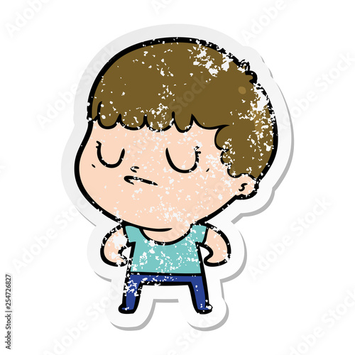 distressed sticker of a cartoon grumpy boy