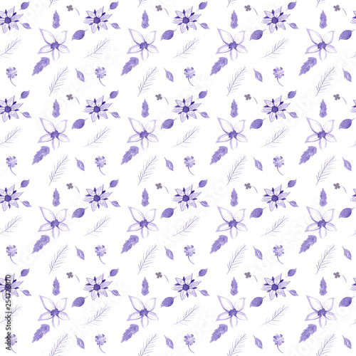 seamless pattern with purple flowers and leaves on a white background. Watercolor illustration