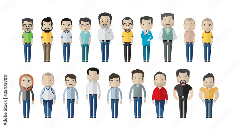 Varied male fashion avatar. Vector cartoon characters with different clothes, shoes and hairstyles. They are all interchangeable. – Vector Varied male fashion avatar. Vector cartoon characters with different clothes, shoes and hairstyles. They are all interchangeable. – Vector