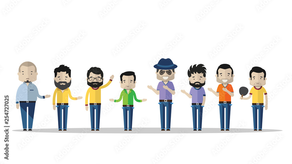 Varied male fashion avatar. Vector cartoon characters with different clothes, shoes and hairstyles. They are all interchangeable. - Vector
