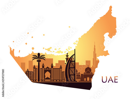 Skyline of Dubai with camel in the form of a map of the United Arab Emirates