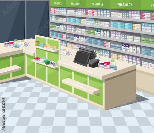 Modern interior pharmacy and drugstore. Sale of vitamins and medications. Funny cartoon flat vector simple illustration.