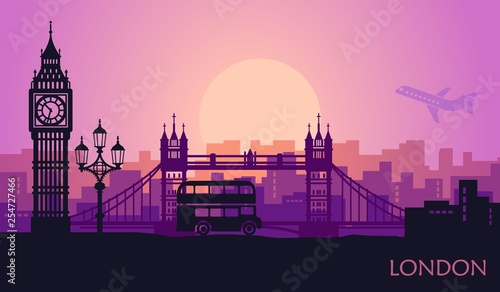 Abstract cityscape of London with the sights at sunset