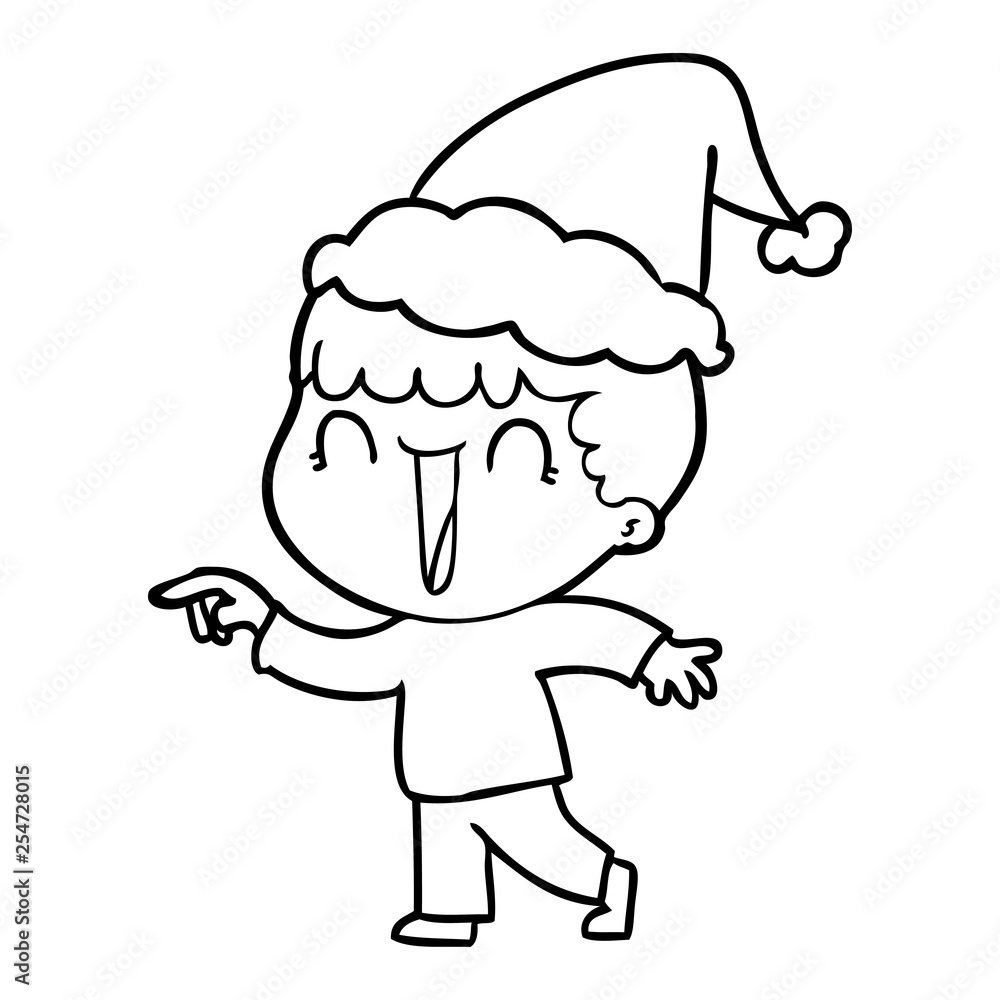 laughing line drawing of a man pointing wearing santa hat