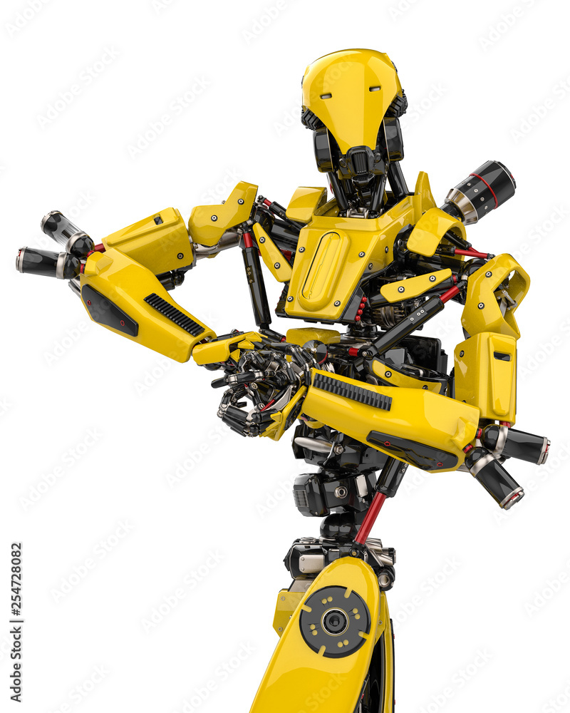 mega yellow robot super drone bodybuilder pose  in a white background