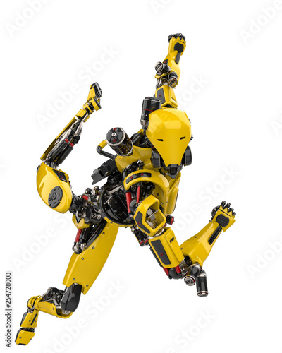 mega yellow robot super drone slipping away in a white background