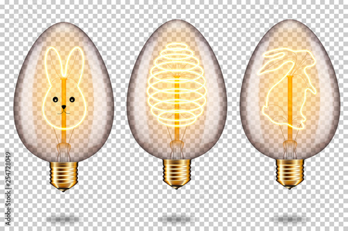 Set of realistic transparent glowing vintage light bulb with easter egg and bunny, isolated.