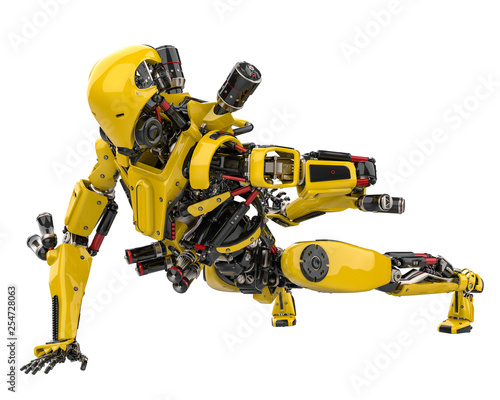 mega yellow robot super drone doing pushups in a white background