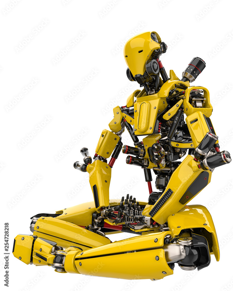mega yellow robot super drone doing yoga side view in a white background mega yellow robot super drone doing yoga side view in a white background