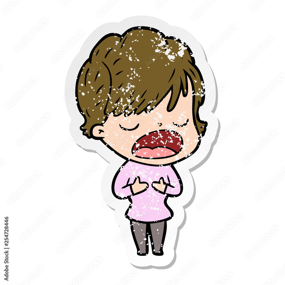 distressed sticker of a cartoon woman talking distressed sticker of a cartoon woman talking