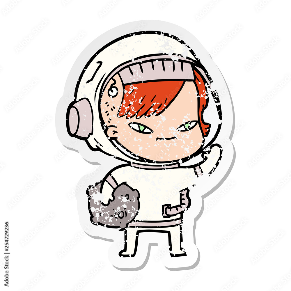 distressed sticker of a cartoon astronaut woman distressed sticker of a cartoon astronaut woman