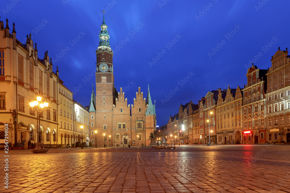 Wroclaw Market Square at night.