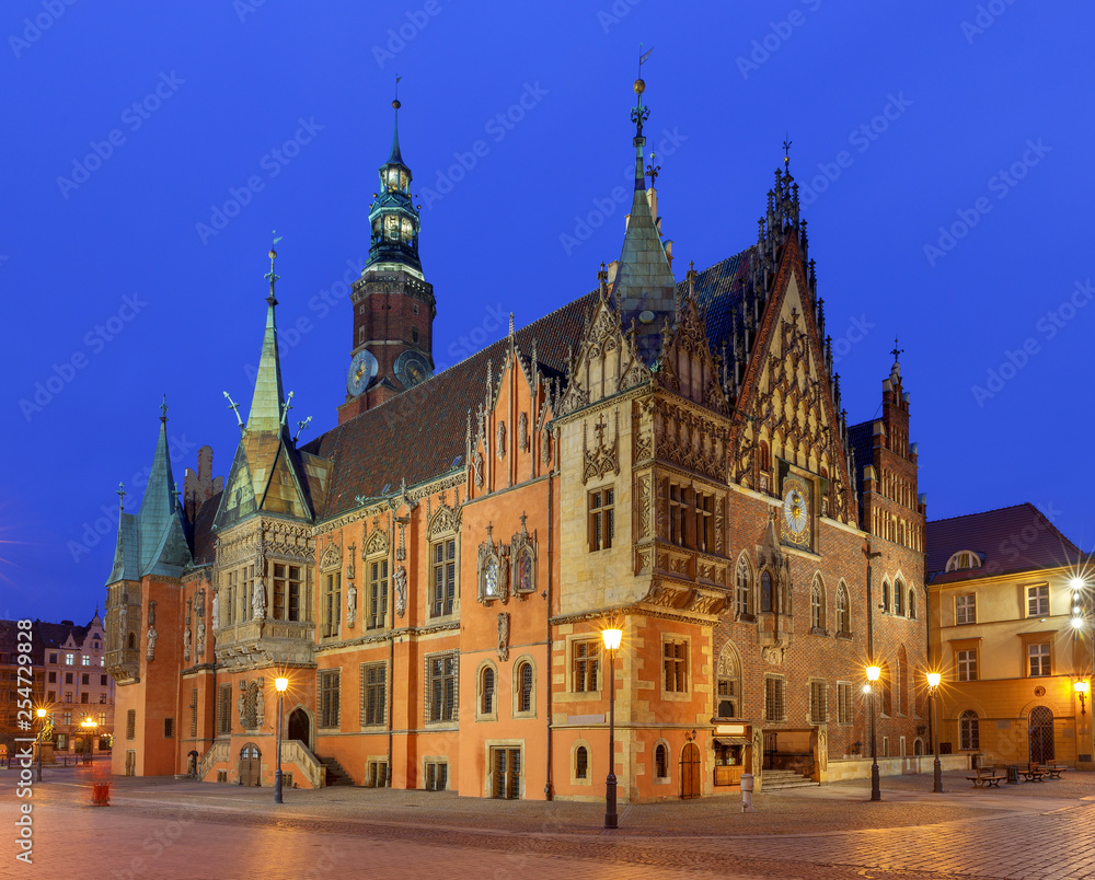 Wroclaw Market Square at night.