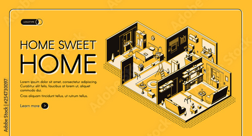 House construction company dwelling place configuration service isometric vector web banner. Residence, apartment rooms cross section plan illustration. Interior design atelier landing page template