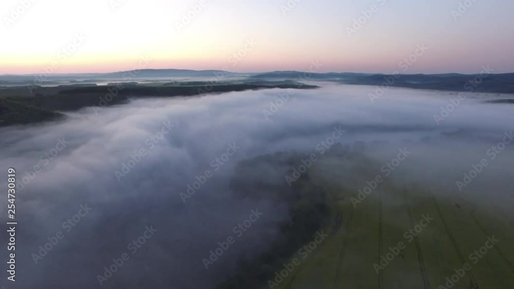 Aerial shot misty morning sunrise Aerial shot misty morning sunrise
