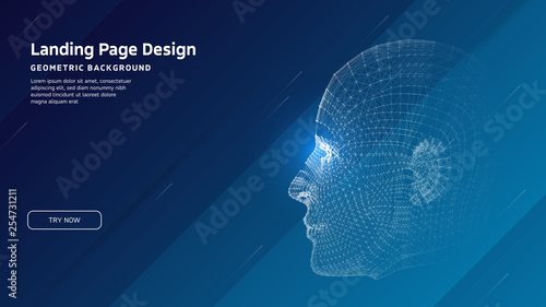 Minimal geometric background. Landing page design template. Artificial intelligence with 3D Robot mesh head composition. EPS10 vector