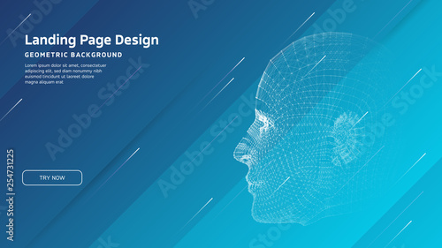 Minimal geometric background. Landing page design template. Artificial intelligence with 3D Robot mesh head composition. EPS10 vector