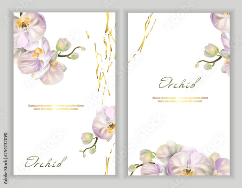 Set of Vector banners with Luxurious orchid flowers on white background. Template for greeting cards  wedding decorations  invitation  sales  packaging. Spring or summer design. Place for text.