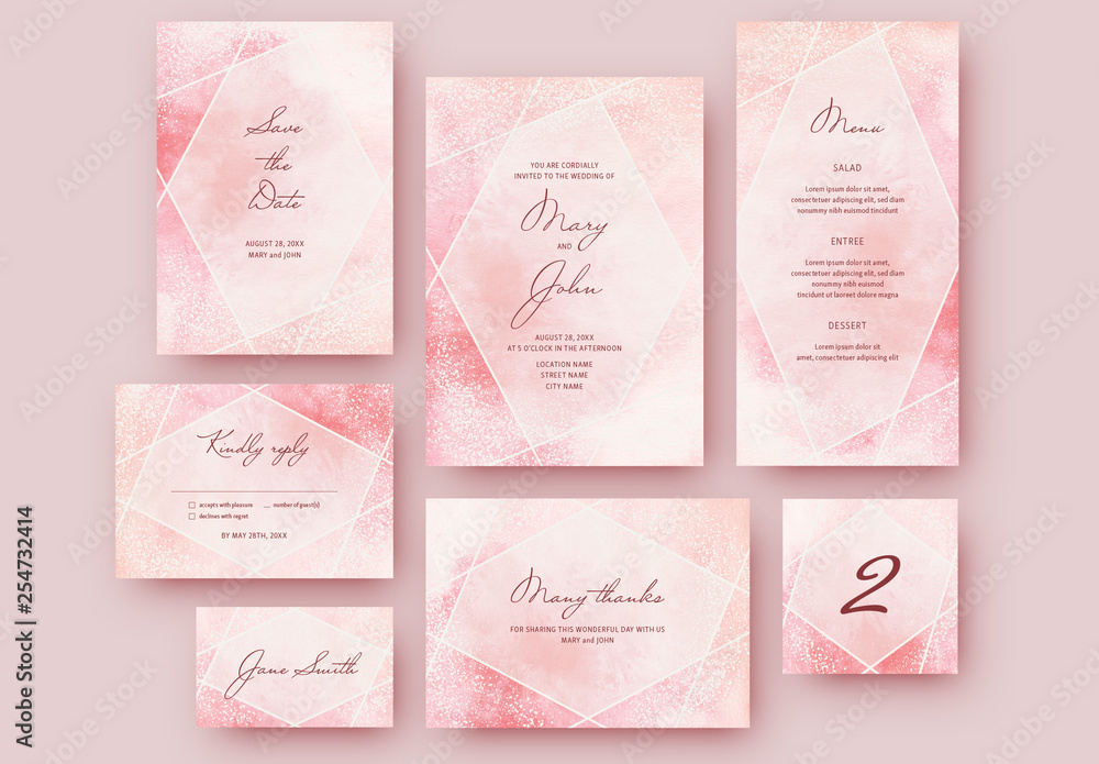 Wedding Stationery Set with a Pink Watercolor Textured Background Stock ...