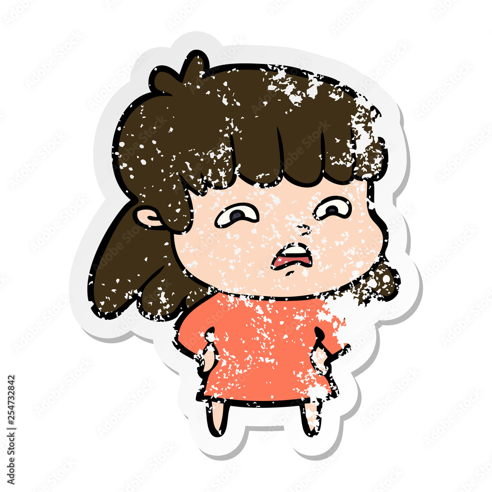 distressed sticker of a cartoon worried woman distressed sticker of a cartoon worried woman