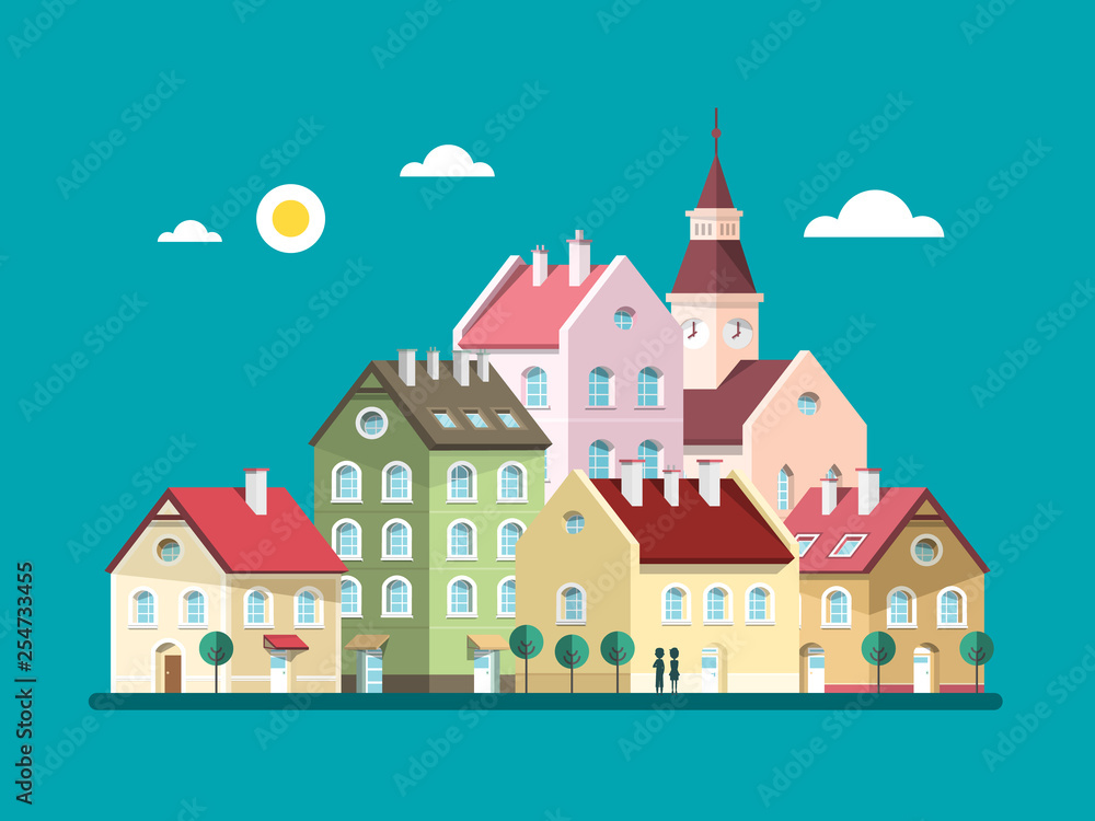 Houses - Vector Flat Design Buildings. Abstract Village or Town.